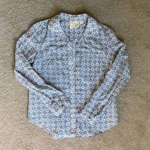 Anthropologie Blue and White Patterned Blouse Top
